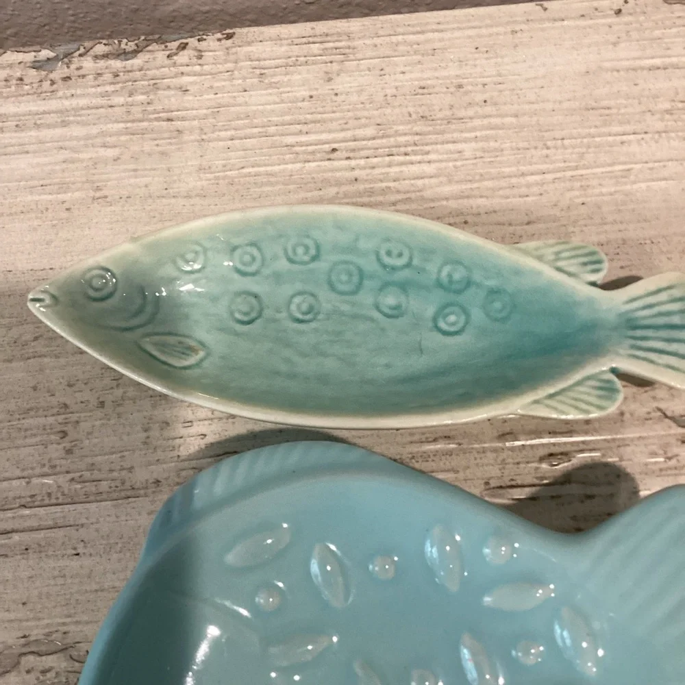 Ceramic Fish-Shaped trinket or Dish Set - Blue and Green